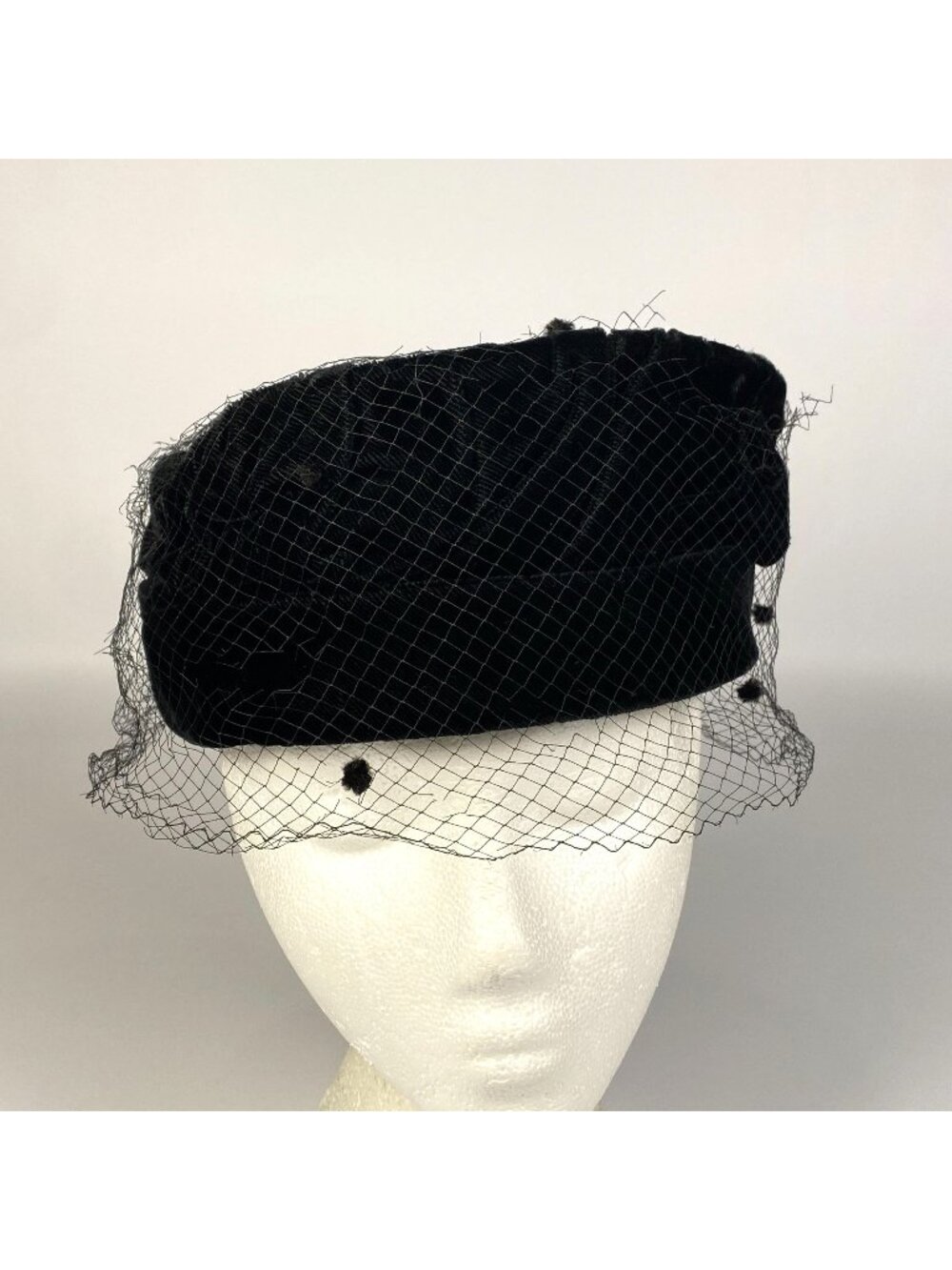 Vintage Black Velvet Pillbox Hat Face Veil with Dot Accents Union Label